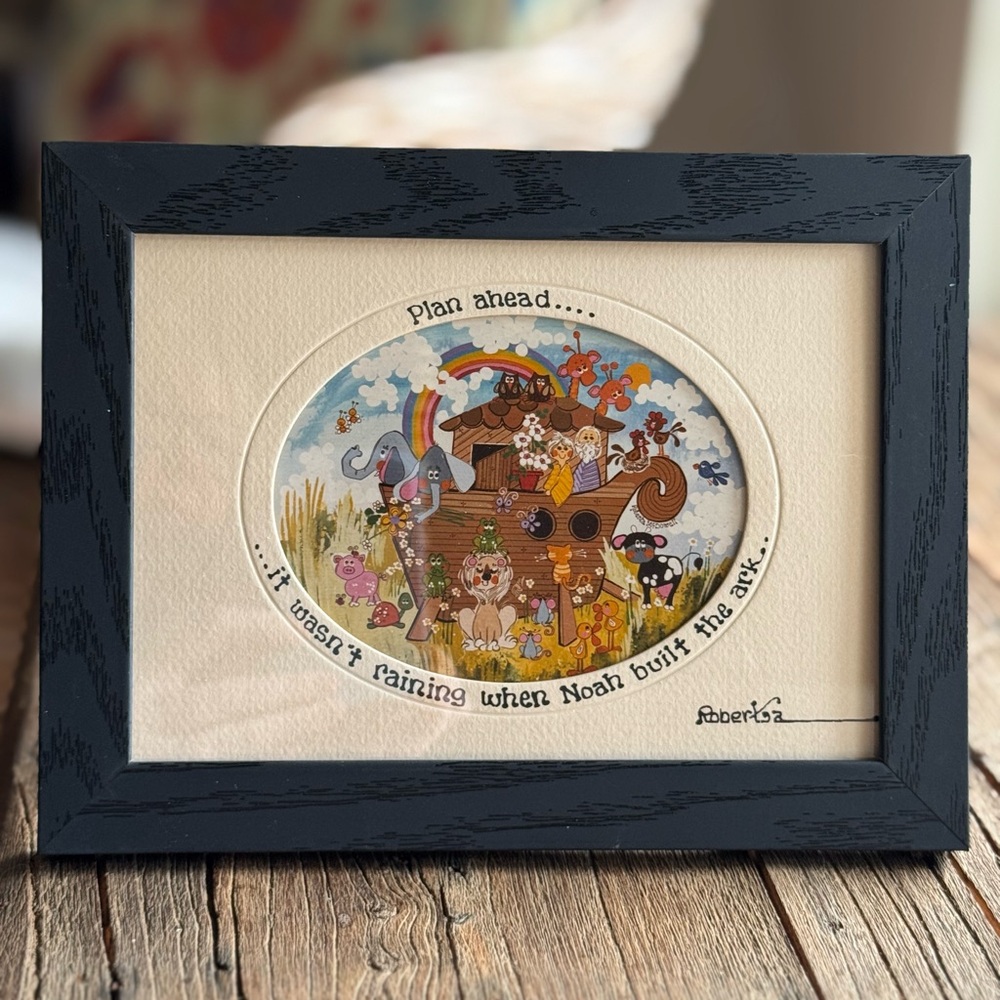 Vintage 1980s Roberta Framed Print - Noah’s Ark “Plan Ahead.. It Wasn’t Raining”